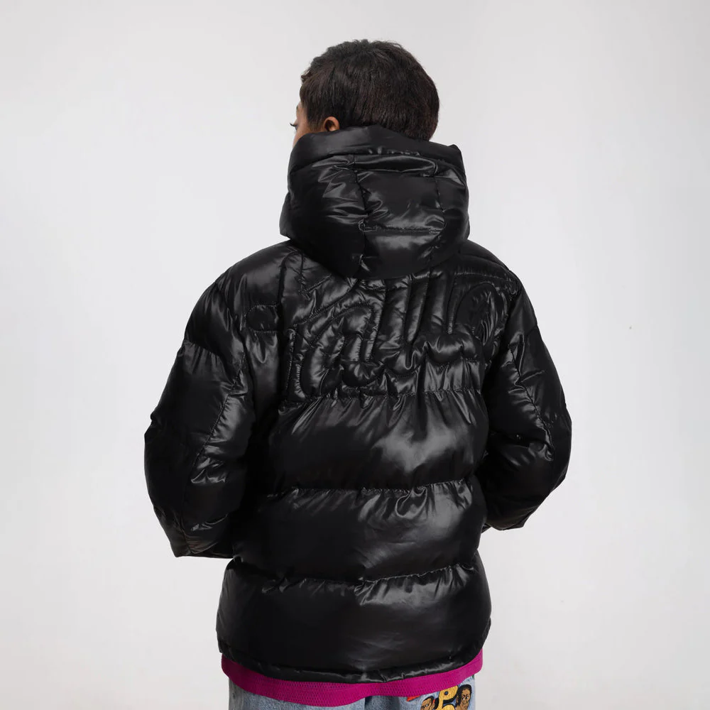 Quilted Script Logo Puffer Jacket- Black - Image 3