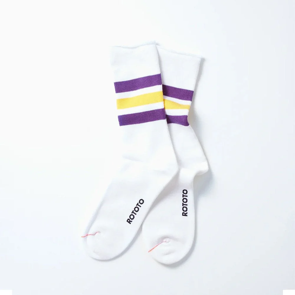 Fine Pile Striped Crew Socks - White / Purple / Yellow