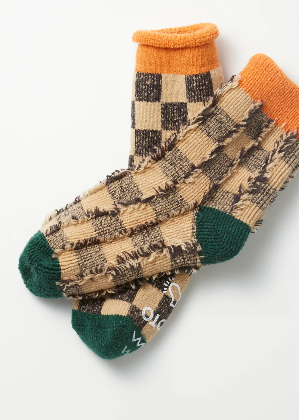 Pile Room Socks, Checkerboard - Light Orange / Dark Green - Image 5